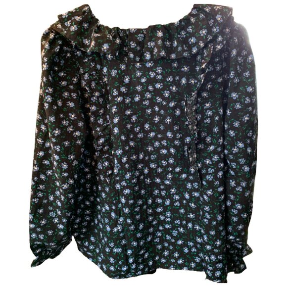 NWT LOFT Women's Navy Blue Floral Print Ruffle Tie Neck Blouse Sz Petite Large - Picture 5 of 6
